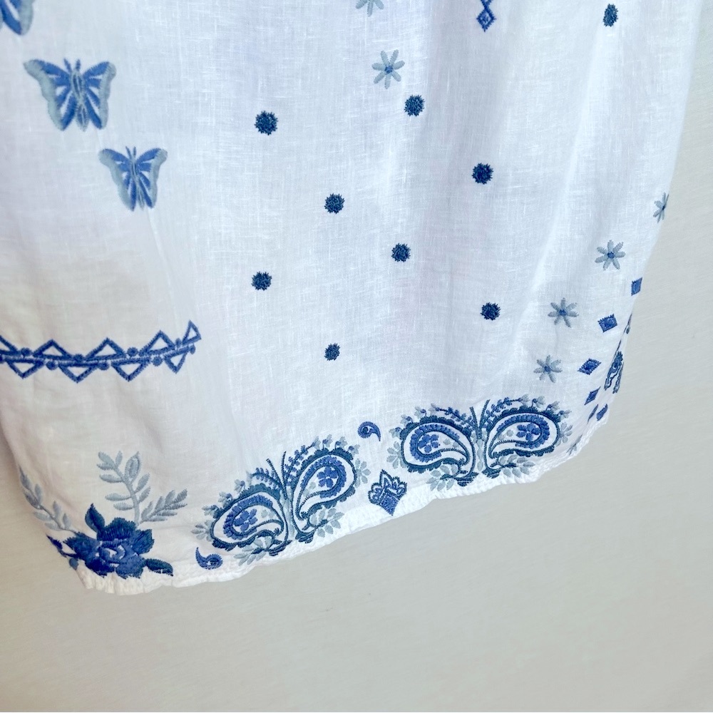 Johnny Was White and Blue 100% Linen Embroidered Boxy Dress - Picture 8 of 15